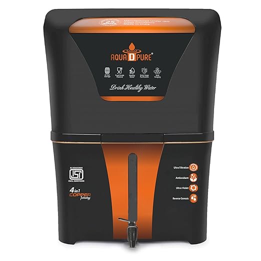 AQUA D PURE 4 in 1 Copper RO Water Purifier with 10 Stage Purification Filtration, UV, UF, TDS Adjuster and 12 Liter Large Storage Tank, Suitable for all type of water supply.