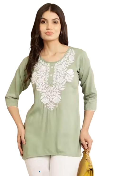 Style Prezone Rayon Pista Chikankari Short Kurti for Women Latest Stylish | Lakhnavi Embroidered Half Kurti | Short Kurtis for Women Casual Short Kurti for Woman & Girls L Size