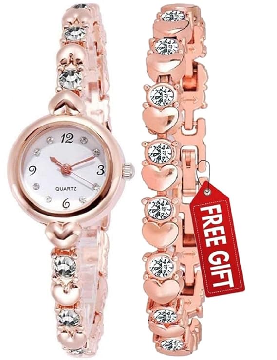 Acnos® Premium Girl's Special Quality Different Heart Shape Bangle Analog Watch with Rose Gold Bracelet - Pack of 2