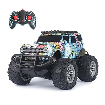 Amazon Brand - Jam & Honey Off Roader Rechargeable Remote Control Car | RC Car Monster Truck | 4 Headlight Modes | in-Built Lithium Battery | C-Type Charging | Made in India - Graffiti Blue
