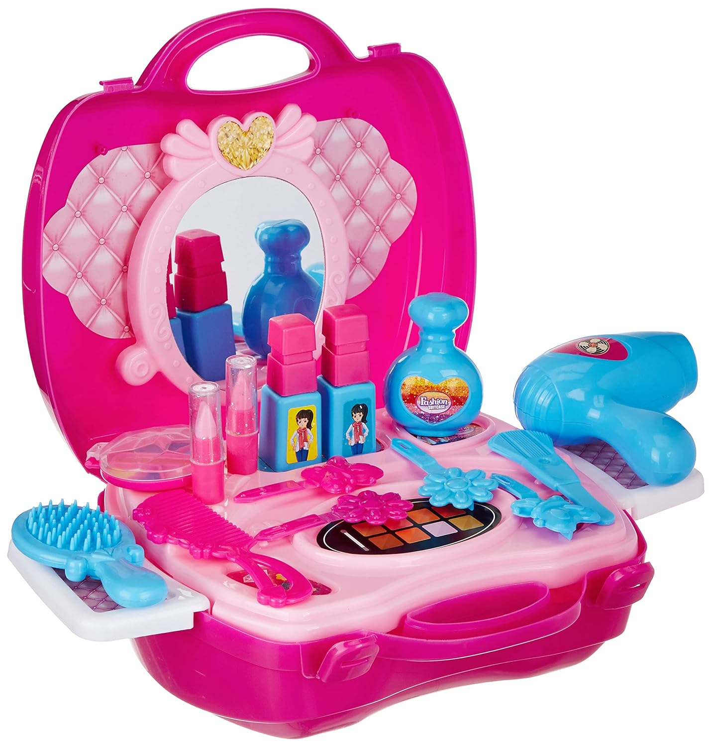 Amazon Brand - Jam & Honey Suitcase Makeup Set Toy for Kids 3+ Years, BIS Certified Safe for Kids, Portable Pretend Play Beauty Kit with Accessories, Role Play Cosmetic Set for Girls, Pink & Blue