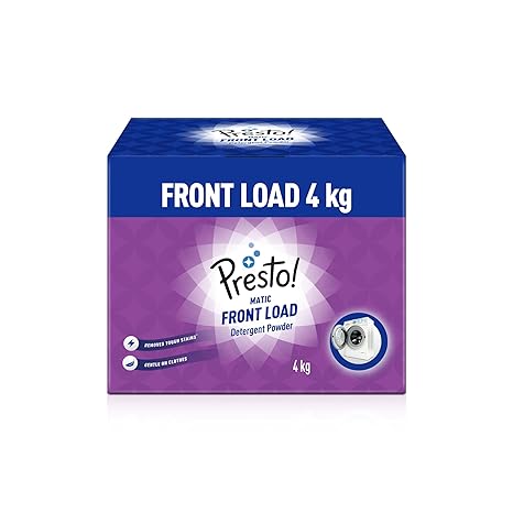 Amazon Brand - Presto! Matic Front Load Detergent Powder - 4 kg ||1kg X 4 packs | Tough on Stains | Safe and Gentle on Fabrics | Refreshing Floral Fragrance |Bleach-free and Phosphate-free