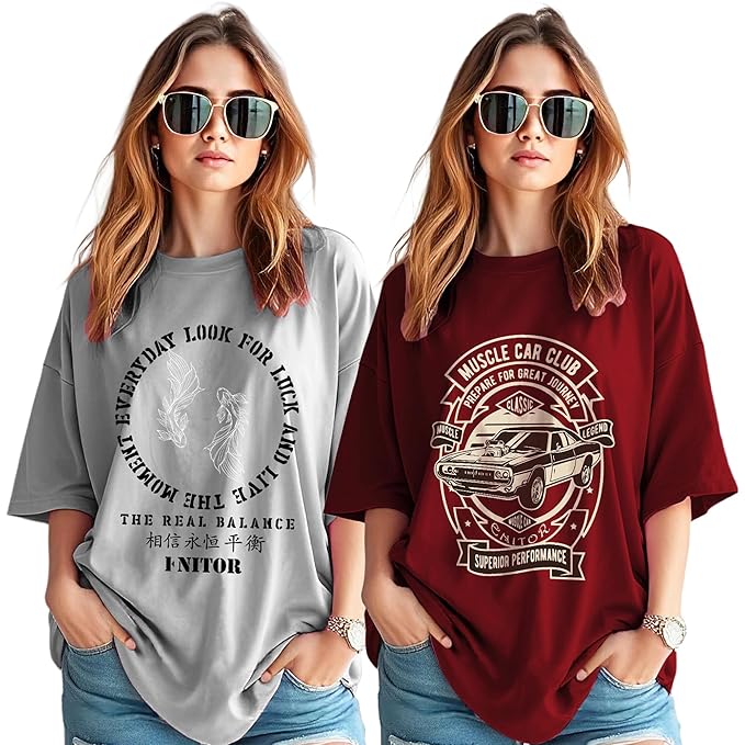 AUSK Oversized T-Shirt for Womens || Graphic Front Printed Loose fit Womens Tshirt (Pack of 2)