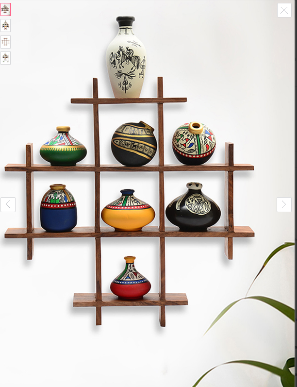 ExclusiveLane Set of 8 Handcrafted Terracotta Warli Handpainted Pots & Wooden Wall Frame