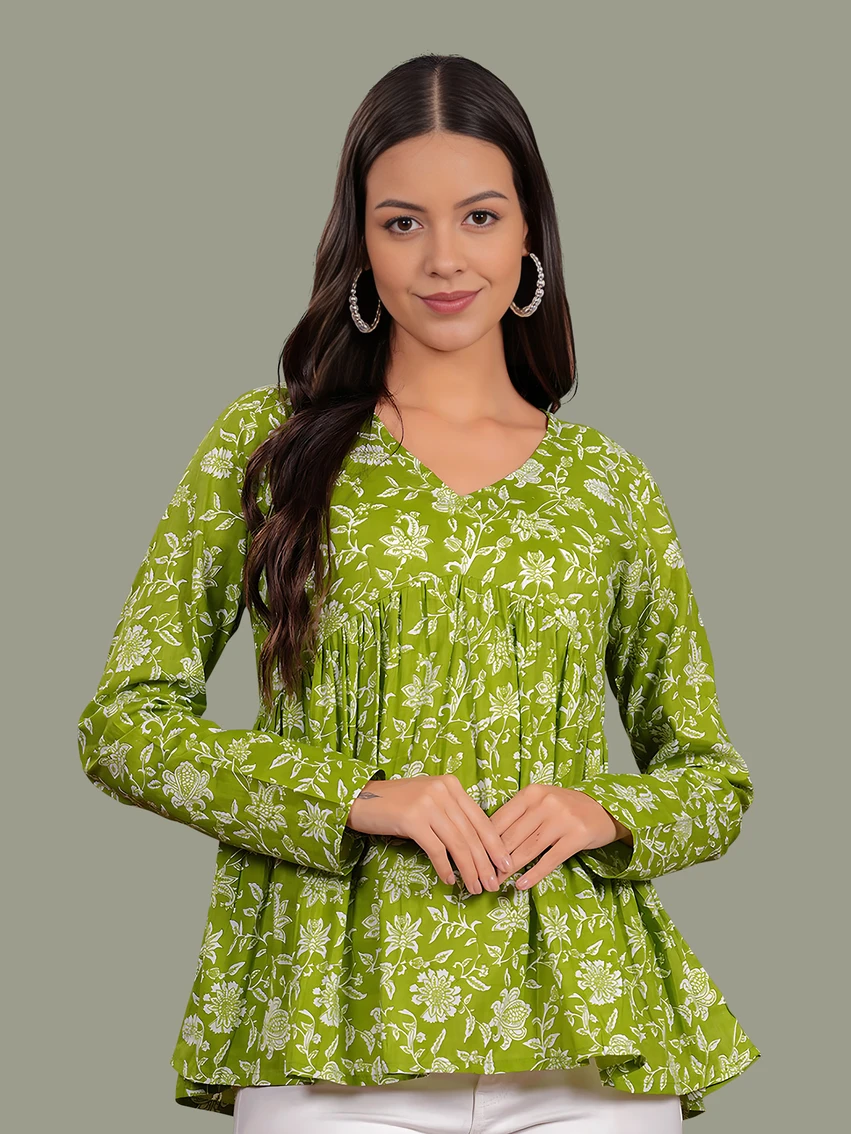 Kashonaa Women Printed Viscose Rayon Flared Kurta (Light Green)