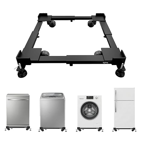 Lifelong Adjustable Washing Machine Stand with Wheels, Heavy Duty Steel Trolley for 5 Kg to 12 Kg Top Load & Front Load Washing Machines | Fridge & Air Cooler Stand | 180 Kg Capacity | Anti Vibration Pads | Black