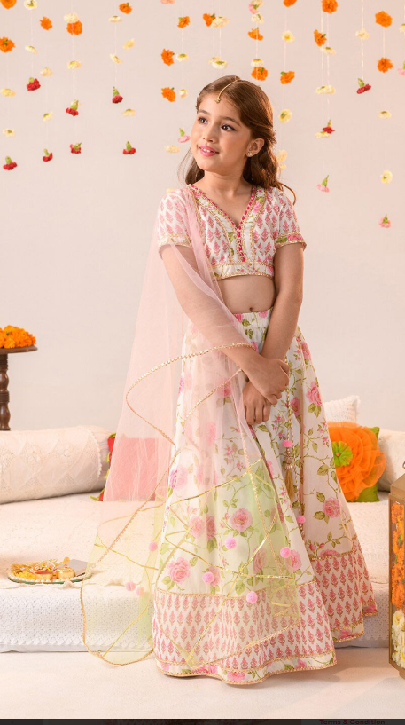Pspeaches Girls Off White And Pink Foil Cotton Lehenga Blouse Dupatta Set
