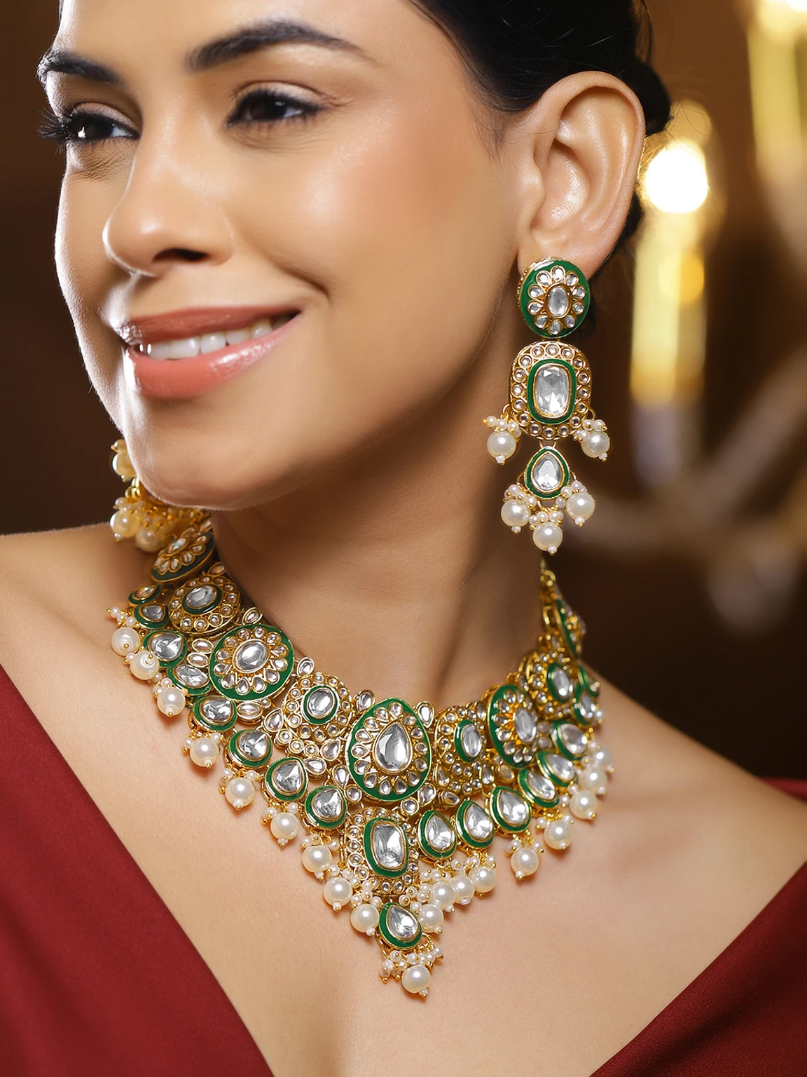 RUBANS Brass Gold-plated Green Jewel Set