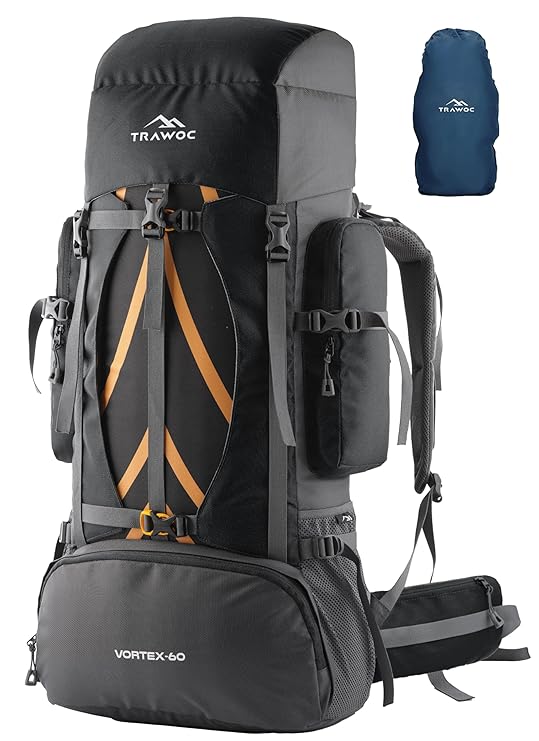 TRAWOC Vortex 60L Travel Backpack for Men & Women | Trekking Hiking Rucksack with Laptop Sleeve, YKK Zippers, Rain-Cover, Padded Hip Belt & Air Mesh Back | 3 Year Warranty | Black