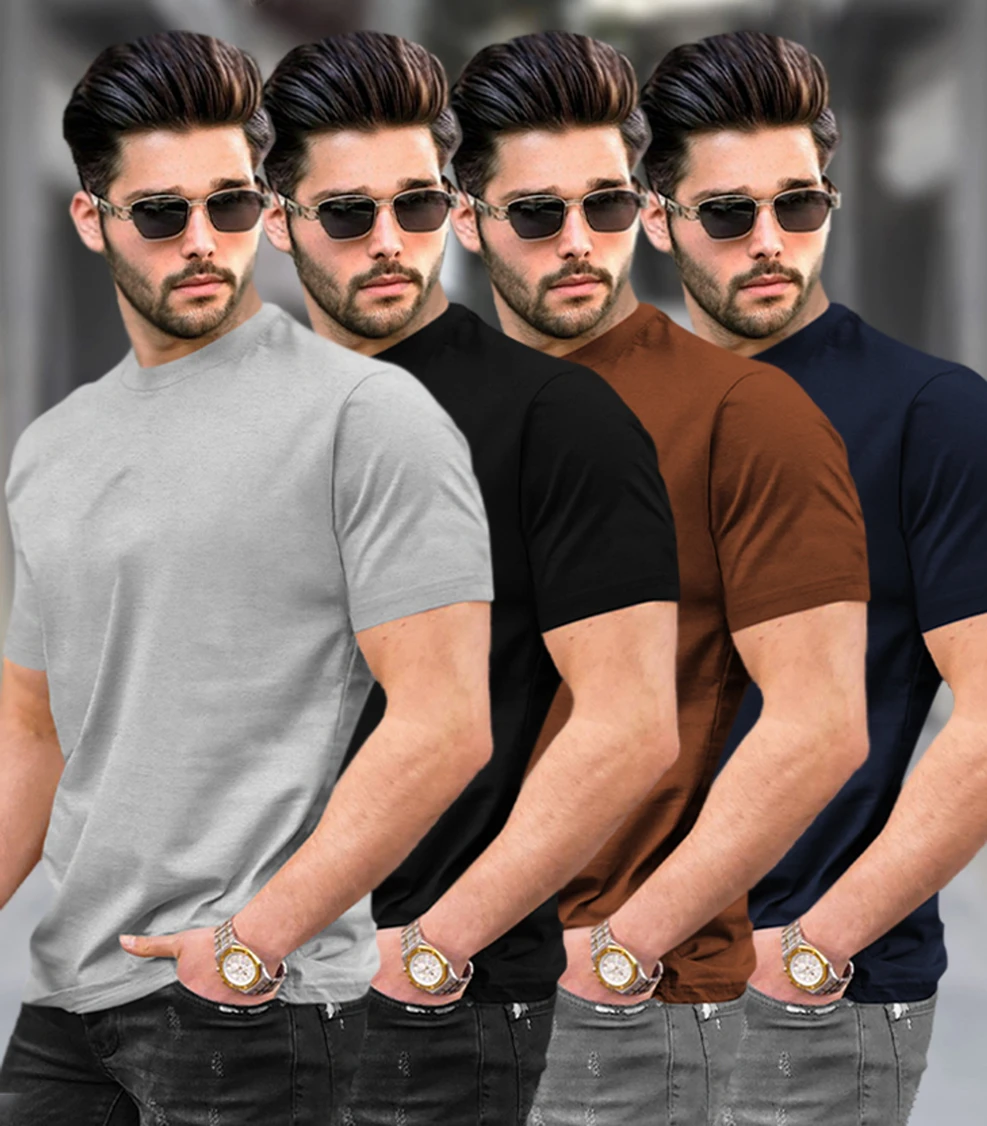 TRIPR Pack of 4 Men Solid Round Neck Cotton Blend Multicolor T-Shirt