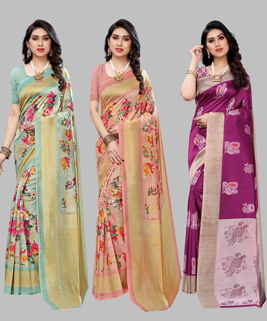 YASHIKA Printed Bollywood Art Silk Saree (Pack of 3, Light Green)