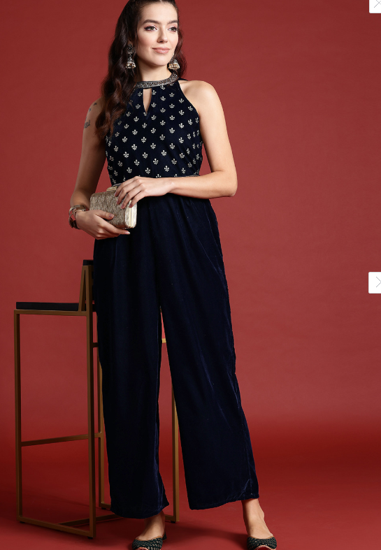 Anouk Halter Neck Printed Embroidered Culotte Jumpsuit with Belt