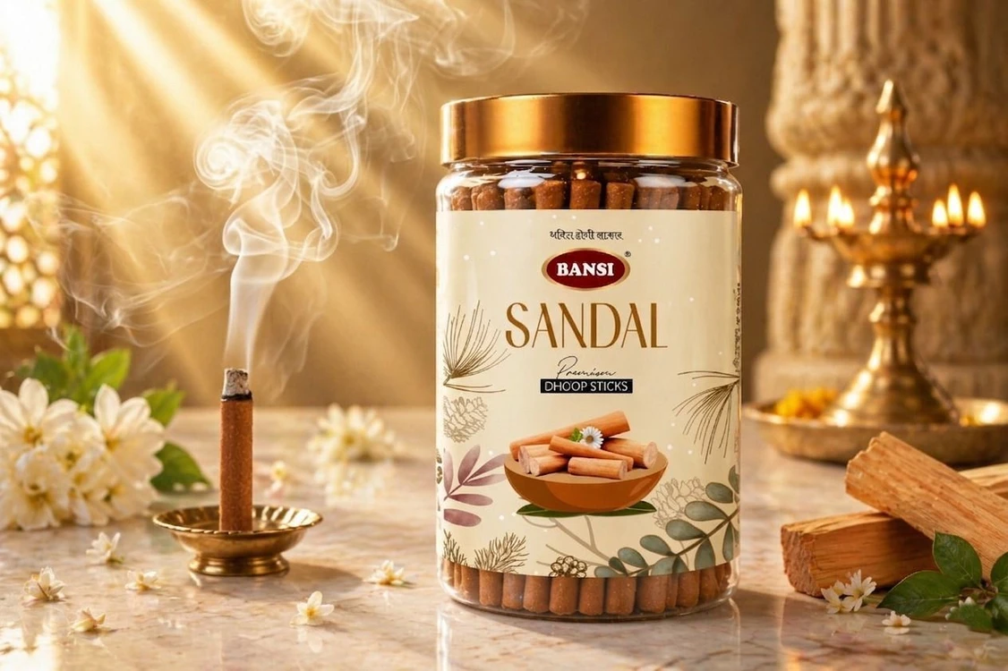 BANSI Signature Premium Dhoop Sticks Chandan Jar 100Gms Charcoal Free Sandalwood Dhoop Sandal