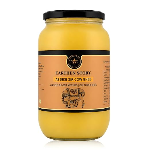 Earthen Story A2 Ghee from Gir Cow 1L | Lab Tested for 250+ Pesticides | Traditional Bilona Method from Curd | Pure Vedic A2 Cow Ghee in Glass Jar