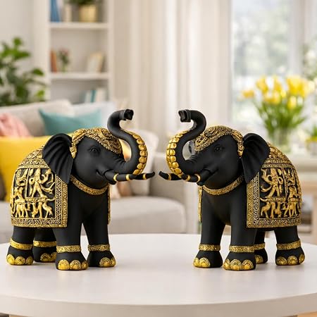 Furnisfox Decorative Elephant Showpiece Figurines, Black and Gold, Set of 2, Home Decor Statue with Traditional Design SIZE-23X9X20 CM