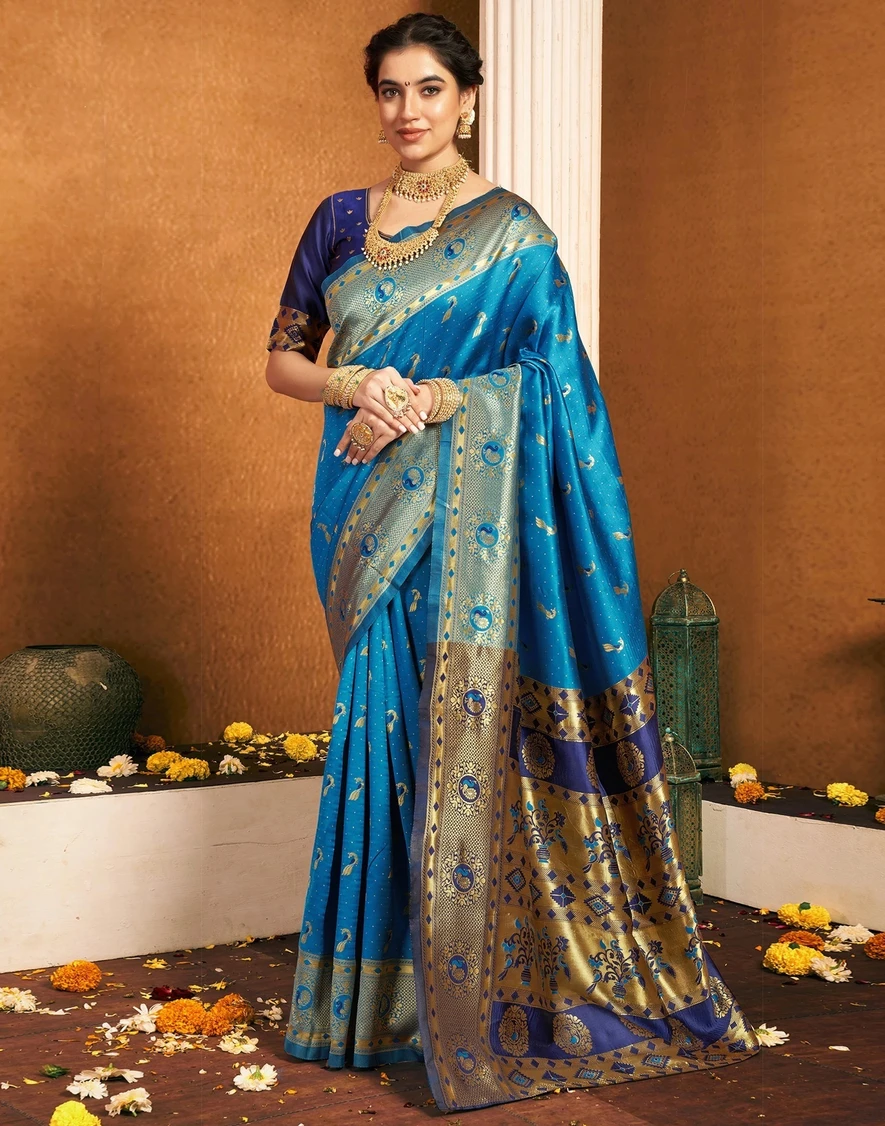 Houri Fab Woven Banarasi Pure Silk, Jacquard Saree (Light Blue)