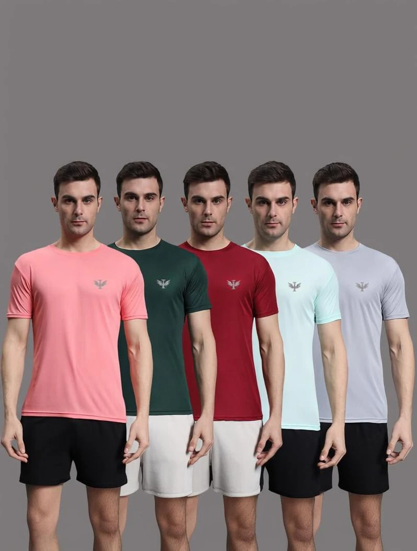 InkTees Pack of 5 Men Solid Round Neck Polyester Multicolor T-Shirt