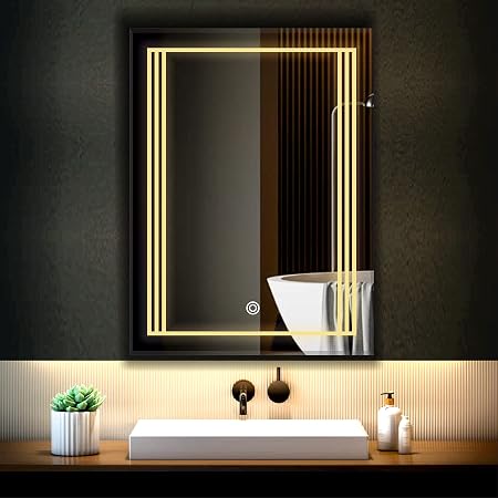 Khushi Decors LED Bathroom Wall Mirror with 3 Decorative Lights | Touch Sensor | Warm | Natural and Cool White | for Wash Basin | Bedroom | Dressing Area (Portrait, 12x18)