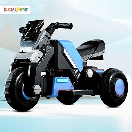 Kidsmate Hyrider 6V Electric Kids Bike with Rechargeable 6.5 Ah Battery Inbuilt Imported Motor Drive | Music Player, Front LED Light & Foot Accelerator Pedal Bike for Ages 1-4 Years (Sky Blue)