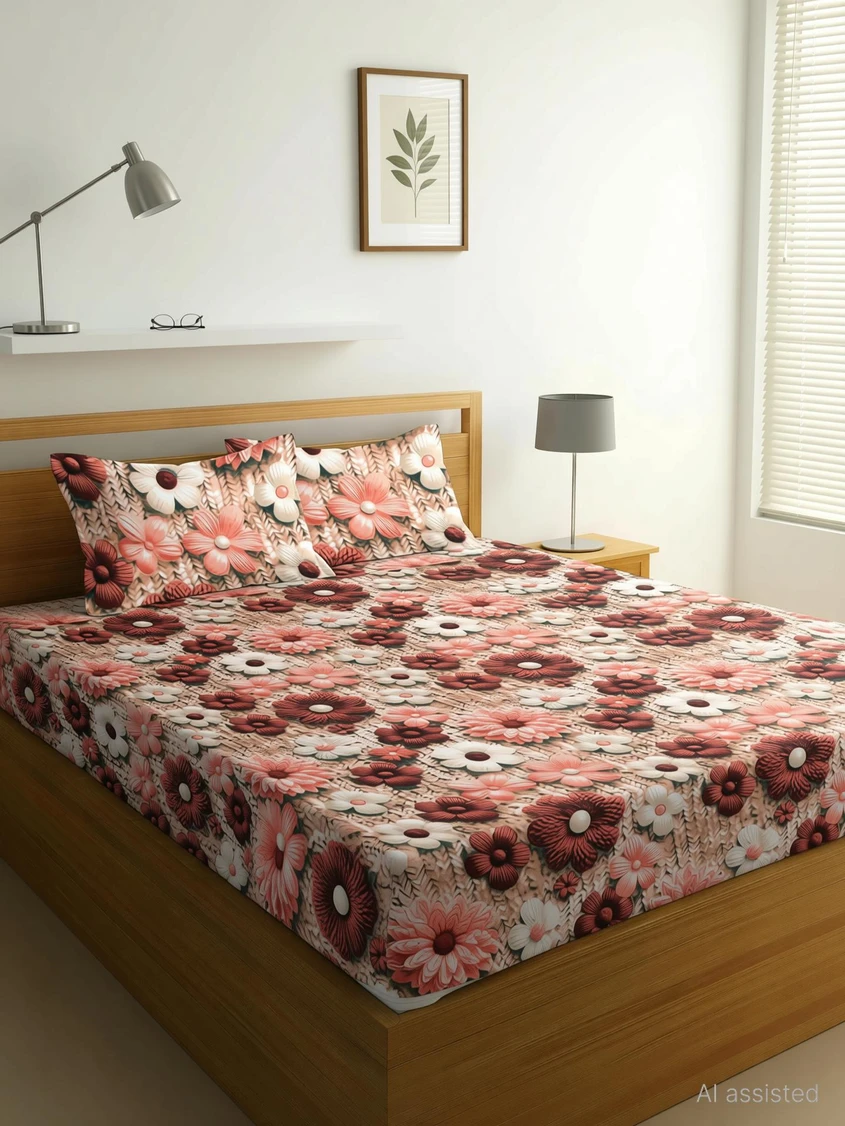 Moonroof Cotton Double Fitted (Elastic) 244 TC Printed 1 Bedsheet