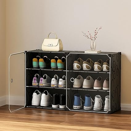 Oumffy Plastic Shoe Rack for Home | 6 Layer Shoe Organizer Cabinet with 2 Doors | Dustproof Shoe Storage Rack for Entryway, Bedroom & Living Room | Space Saving Multipurpose Stand | Black