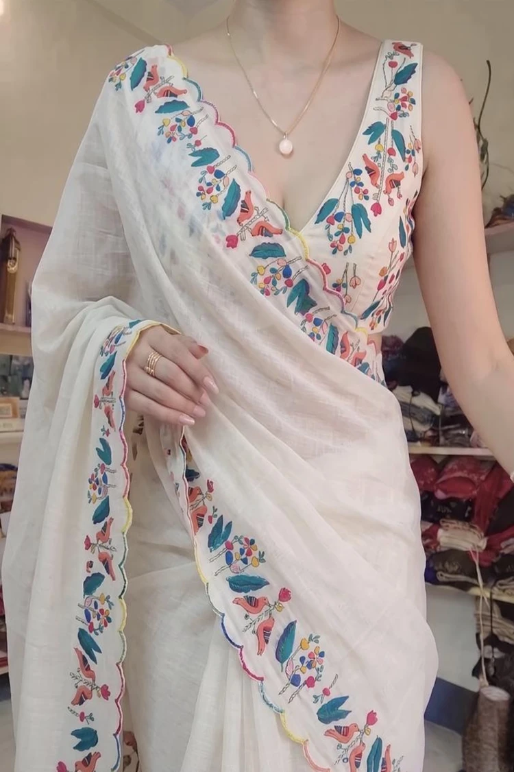 parakhiya fab Printed, Woven, Floral Print Kanjivaram Cotton Linen Saree