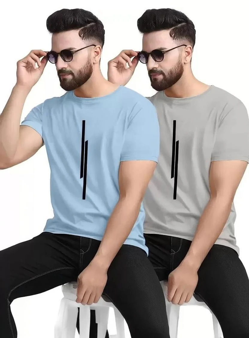 REVIZO Pack of 2 Men Printed Round Neck Polyester Light Blue, Grey T-Shirt
