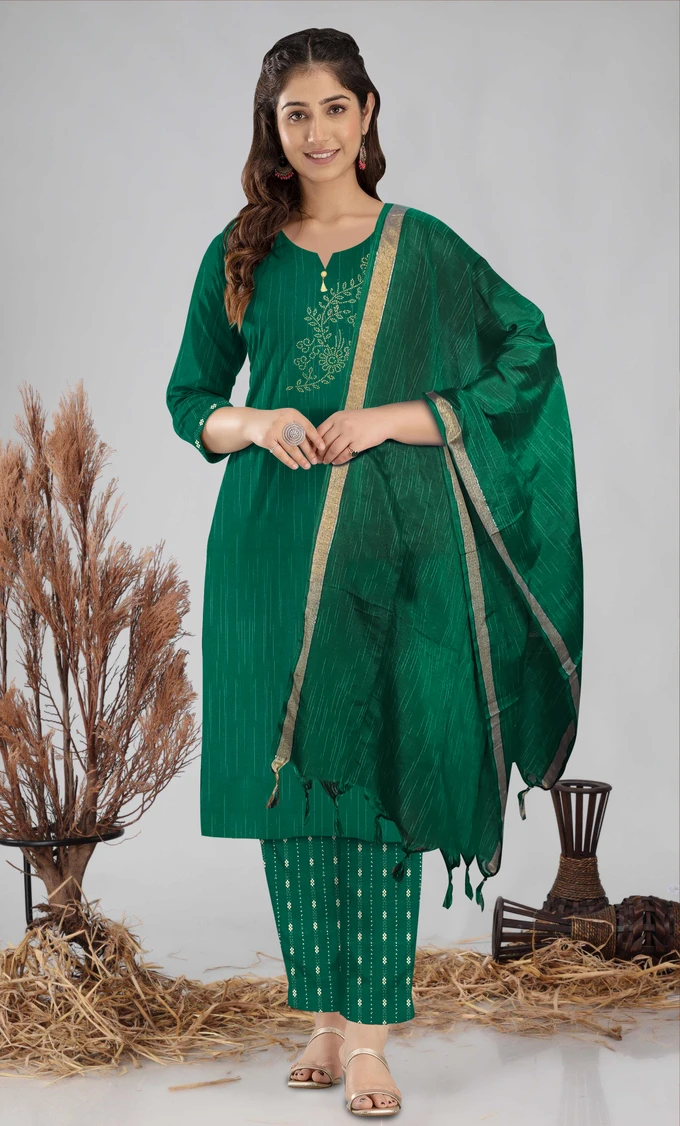 sadya collection Women Cotton Blend Kurti Pant Dupatta Set